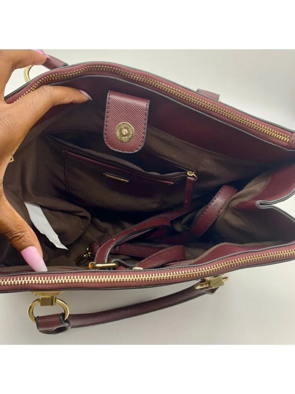 Aldo Burgundy Structured Saffiano Faux Leather Satchel Bag
